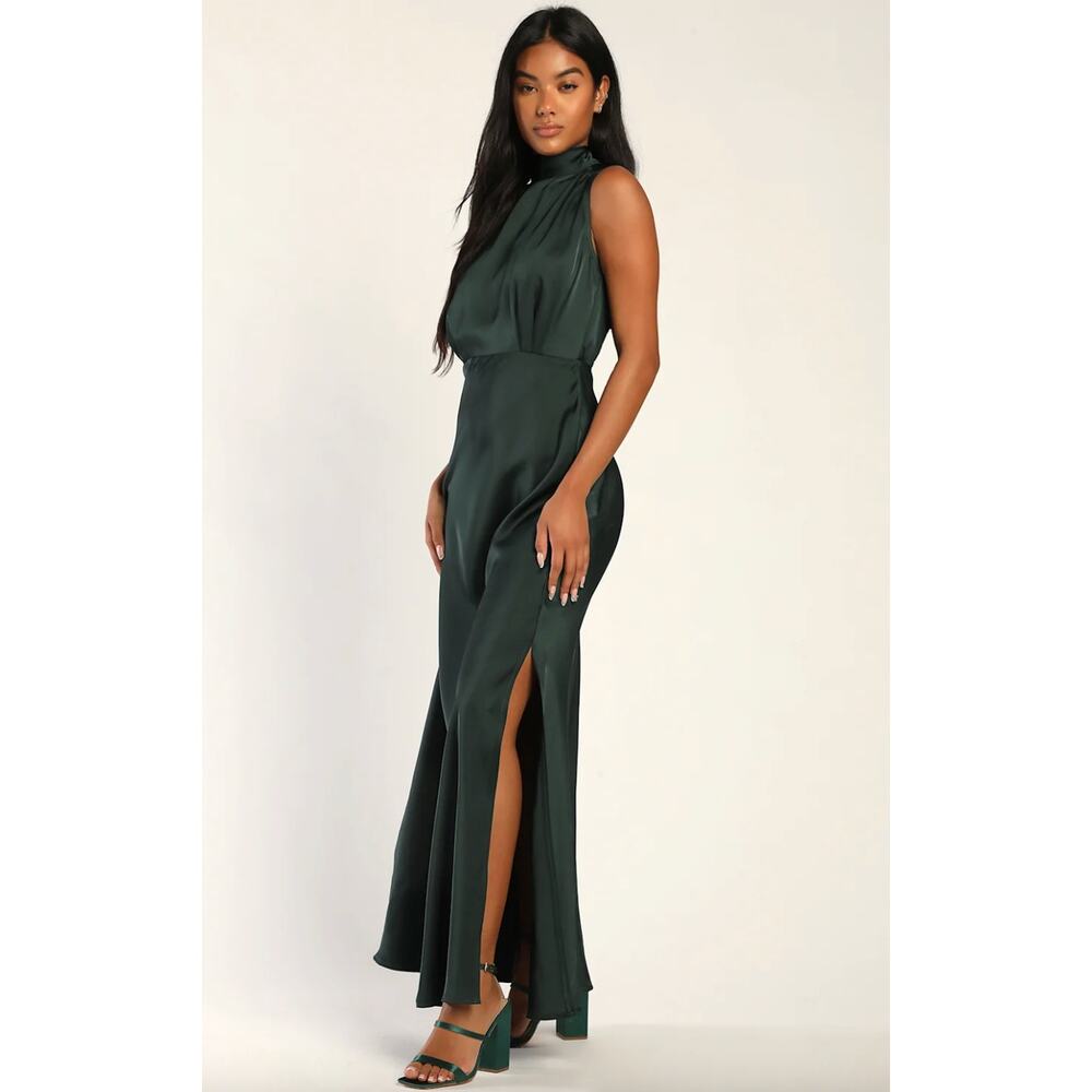 Lulus Classic Elegance Green Satin Sleeveless Mock Neck Maxi Dress Medium NWT - Picture 4 of 11